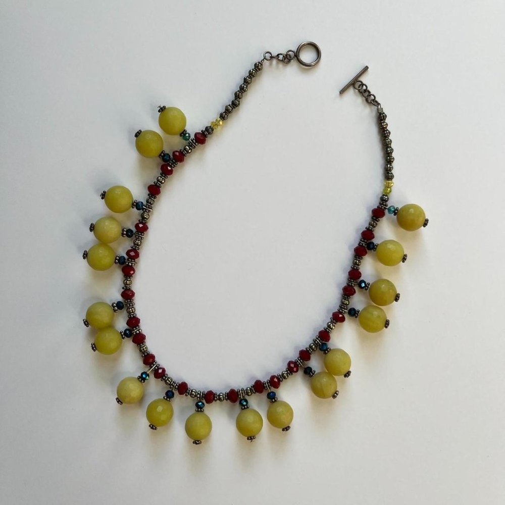 VTG Handmade Beaded Necklace with Yellow Green, Red, Blue, and Silver Accents